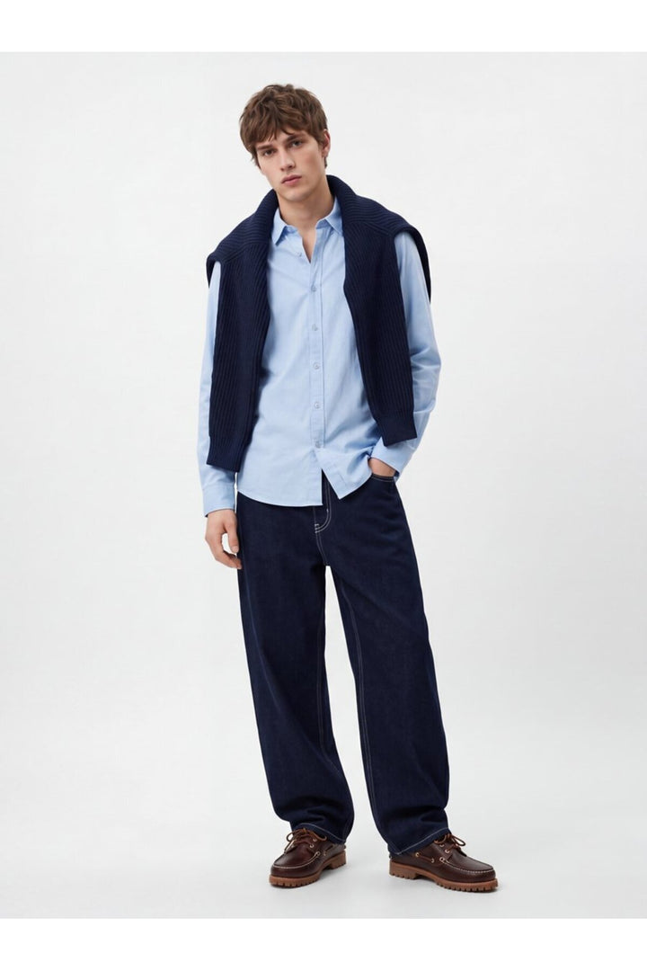 LTB Chemise basique bleu à manches longues avec boutons sur le devant - Bleu