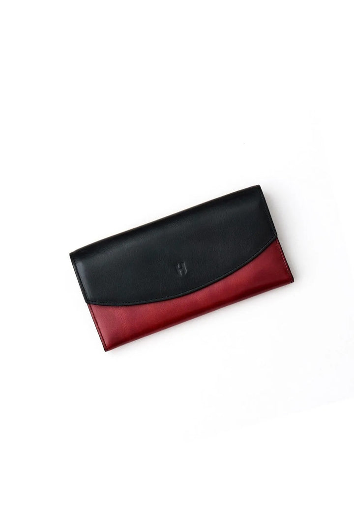 Helmbrook Porte-cartes à compartiments multiples Ashley en cuir pour femme avec fermeture à glissière protégée par RFID Noir Claret Rouge