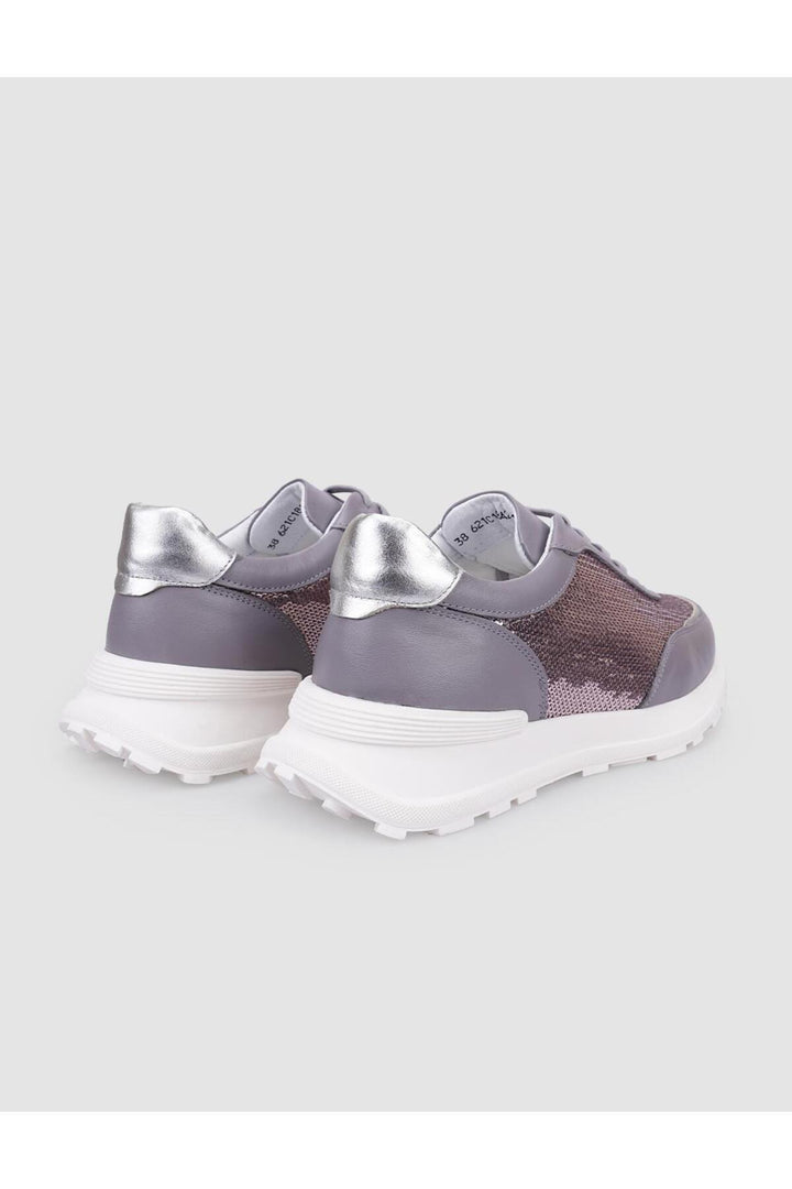Cabani Shoes Baskets de sport pour femmes en cuir véritable gris avec détails en paillettes à lacets. - Gris