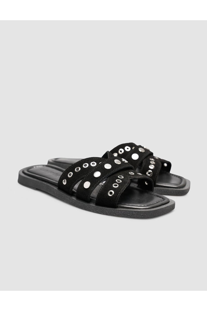 Cabani Shoes Sandales pour femmes en cuir véritable avec détails en pierre en suède noir. - Multicolore