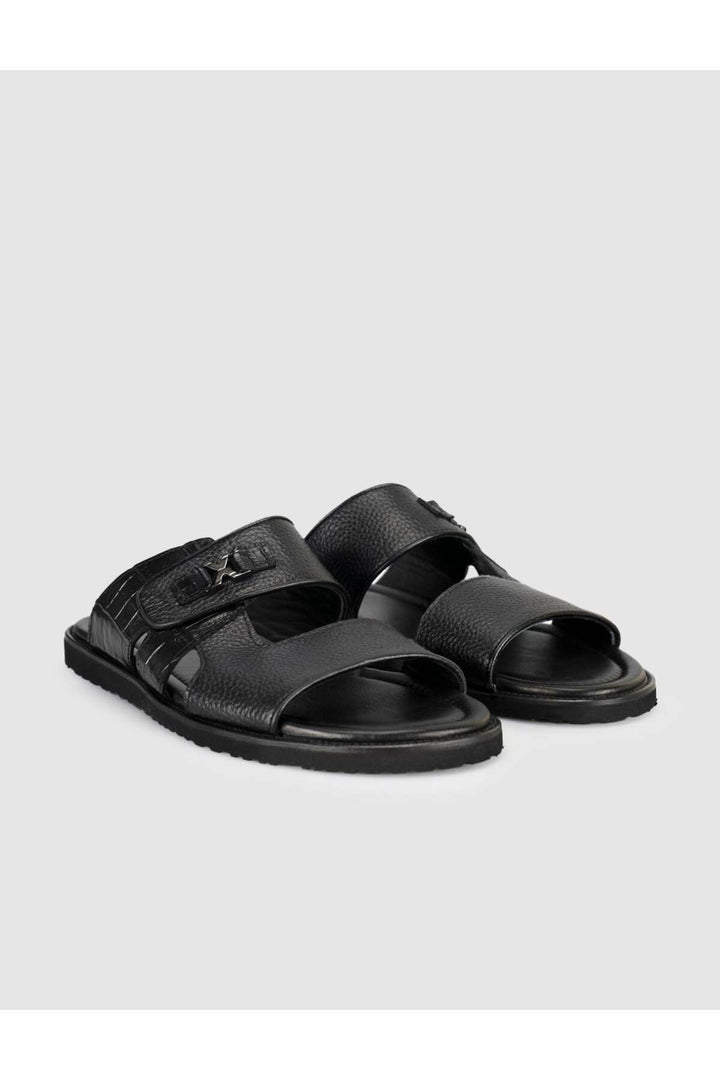 Cabani Shoes Sandale en cuir noir pour homme avec détails en crocodile - Multicolore
