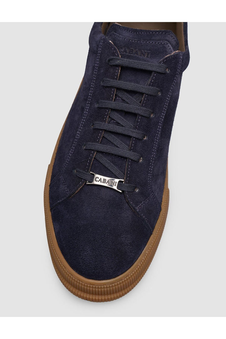 Cabani Shoes Sneaker pour homme en cuir bleu marine à lacets avec semelle marron. - Bleu marine