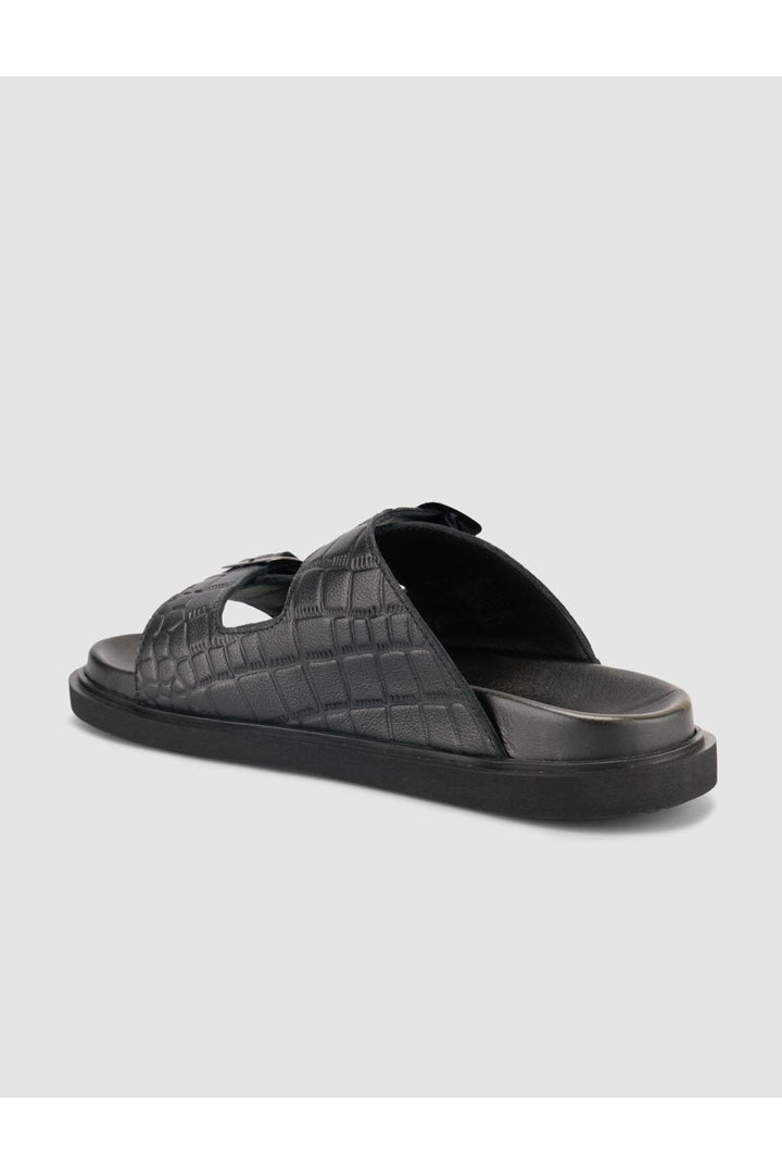 Cabani Shoes %100 Cuir Véritable Sandale Homme Noir Motif Croco - Multicolore