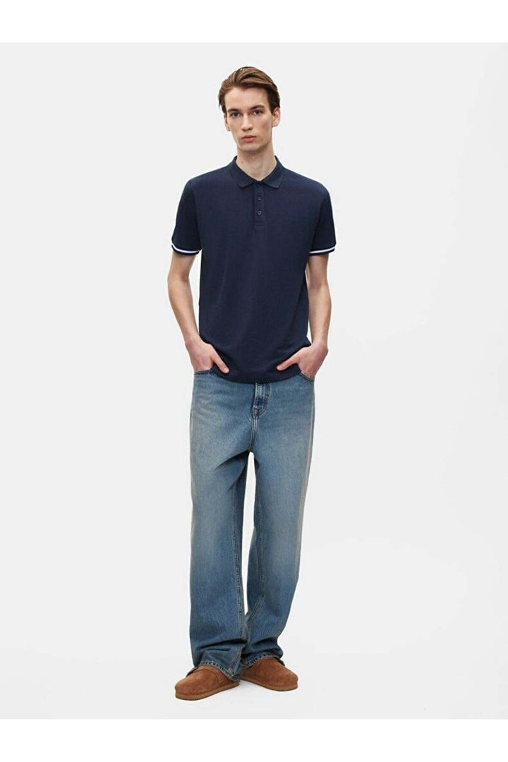 LTB T-shirt bleu marine à manches courtes avec col polo pressé