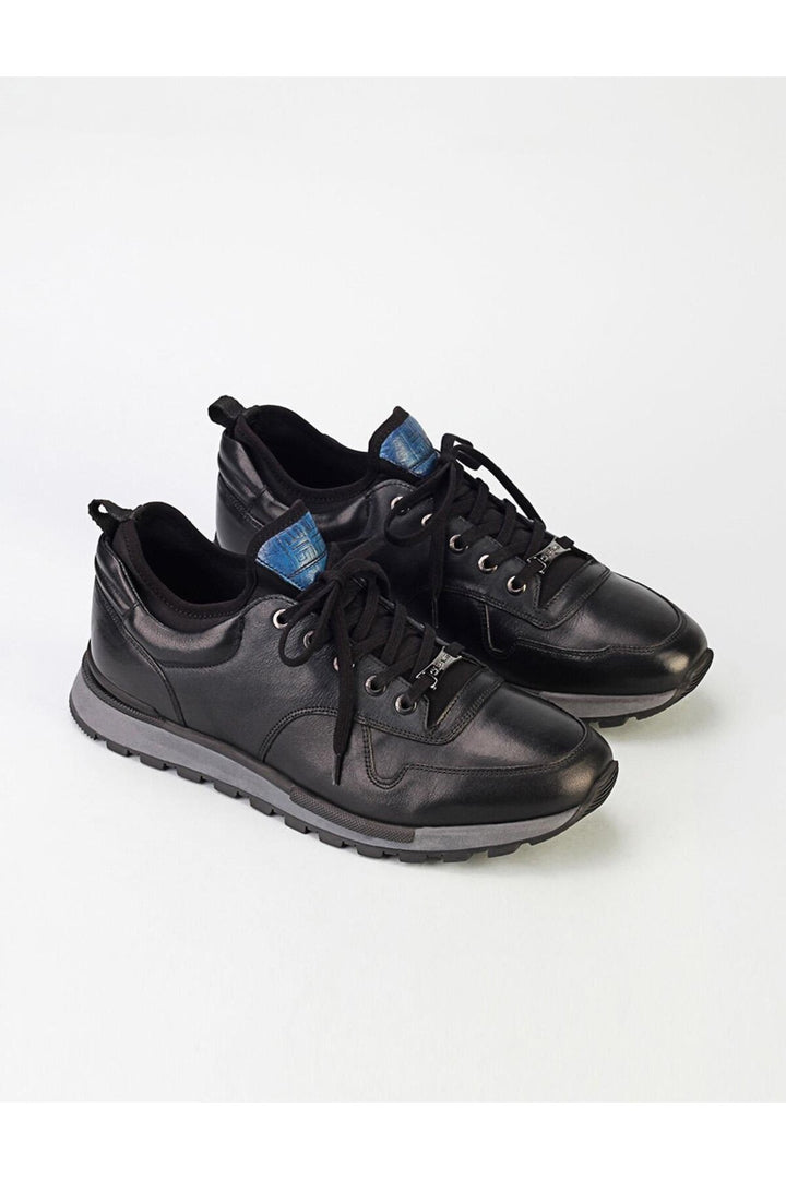 Cabani Shoes Chaussures de sport pour hommes en cuir véritable, noires, à lacets, avec semelle en gel. - Noir