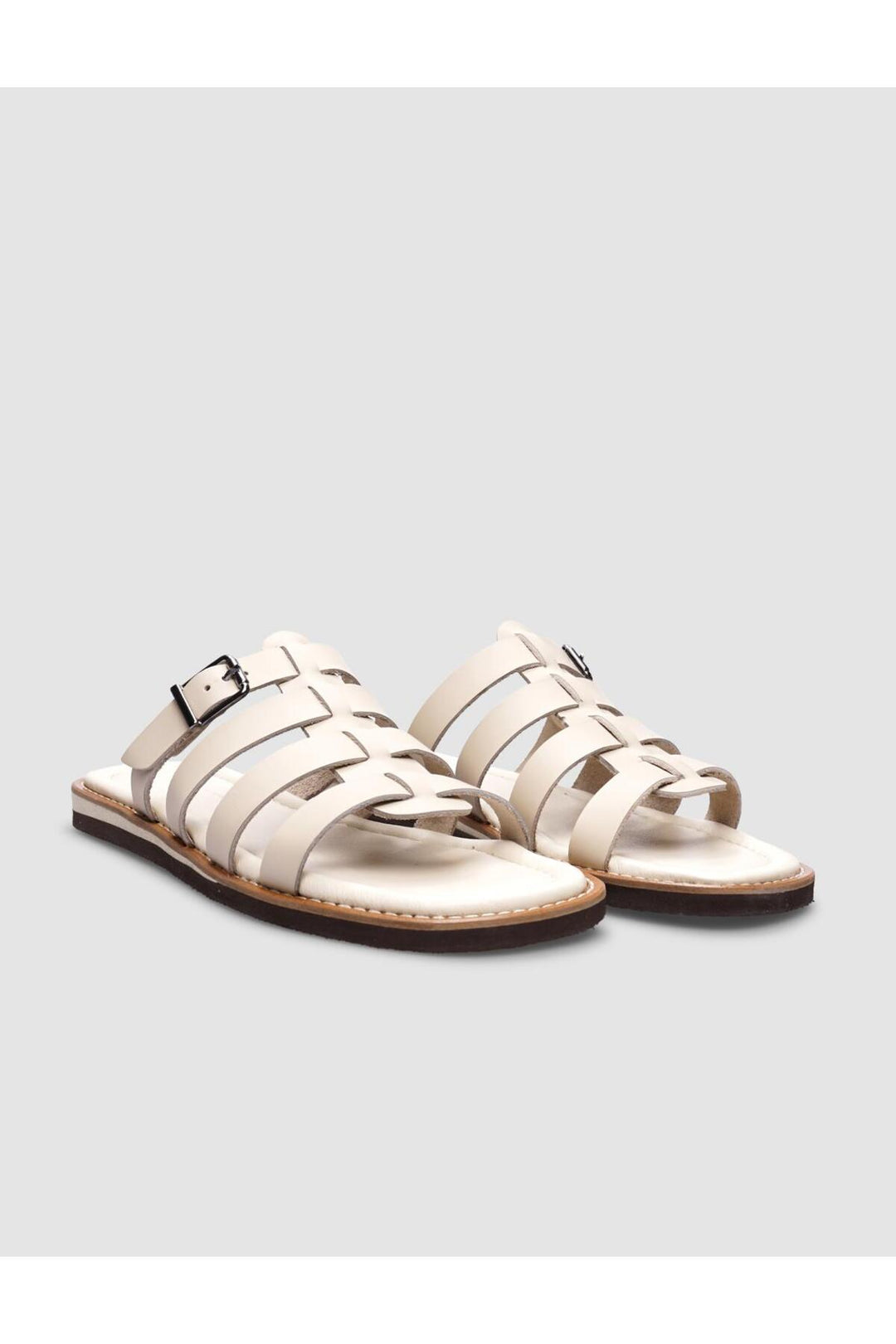 Cabani Shoes Sandales plates pour femmes en cuir véritable beige avec boucle sur le côté à 100%. - Multicolore