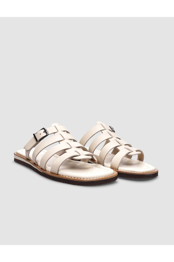 Cabani Shoes Sandales plates pour femmes en cuir véritable beige avec boucle sur le côté à 100%. - Multicolore