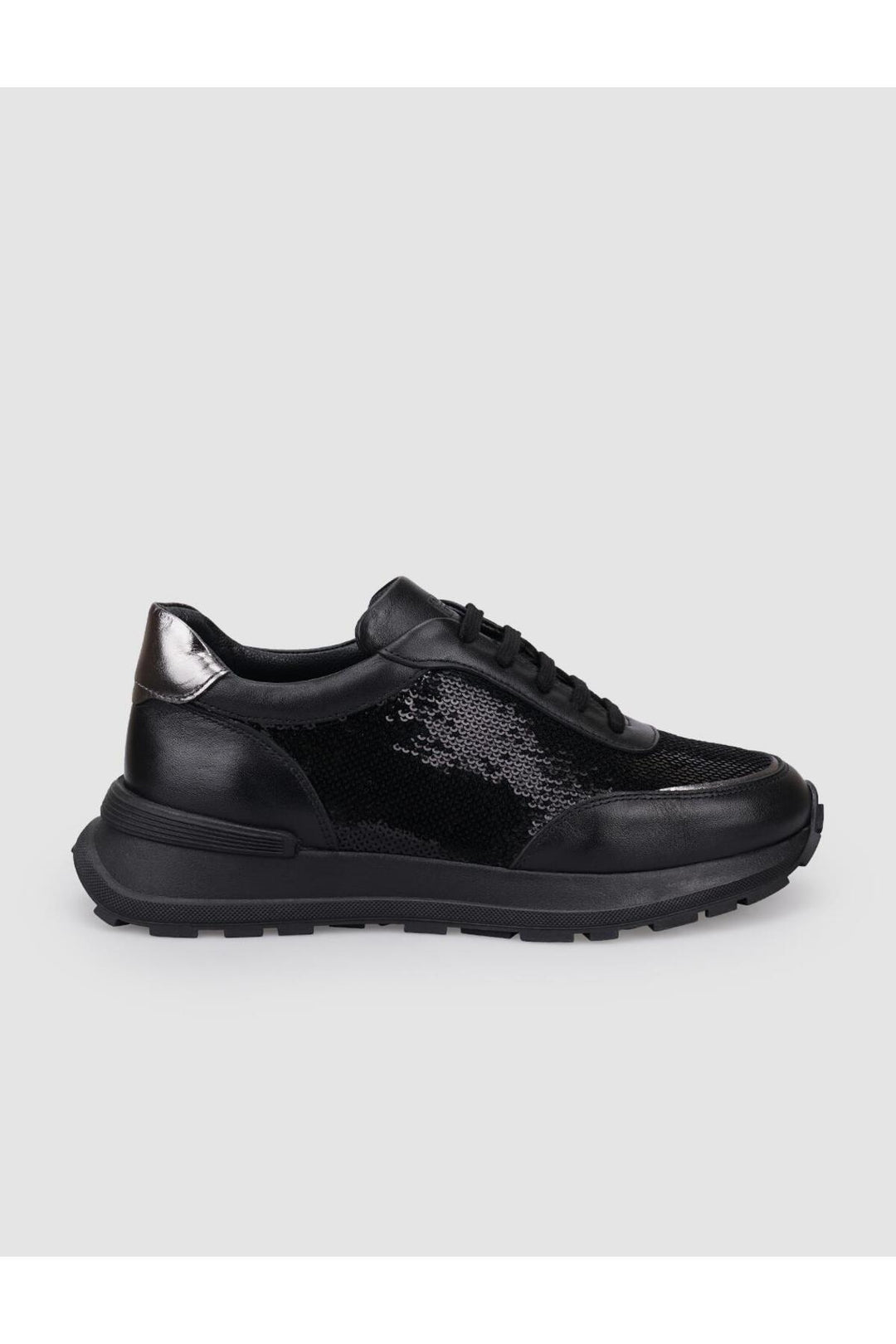 Cabani Shoes Baskets de sport pour femmes en cuir véritable noir avec détails en paillettes à lacets. - Noir