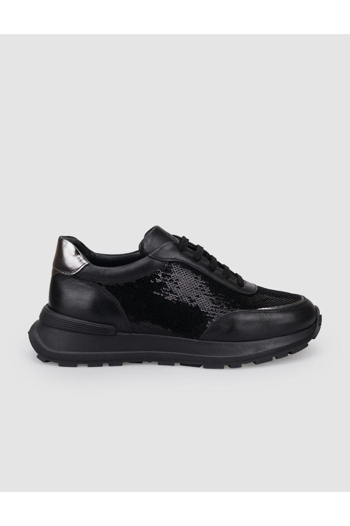 Cabani Shoes Baskets de sport pour femmes en cuir véritable noir avec détails en paillettes à lacets. - Noir