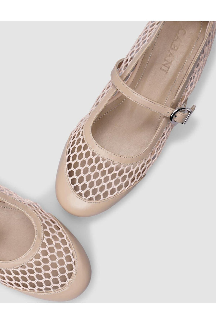Cabani Shoes Ballerines pour femmes en cuir véritable beige avec détail de boucle en filet à 100%. - Beige