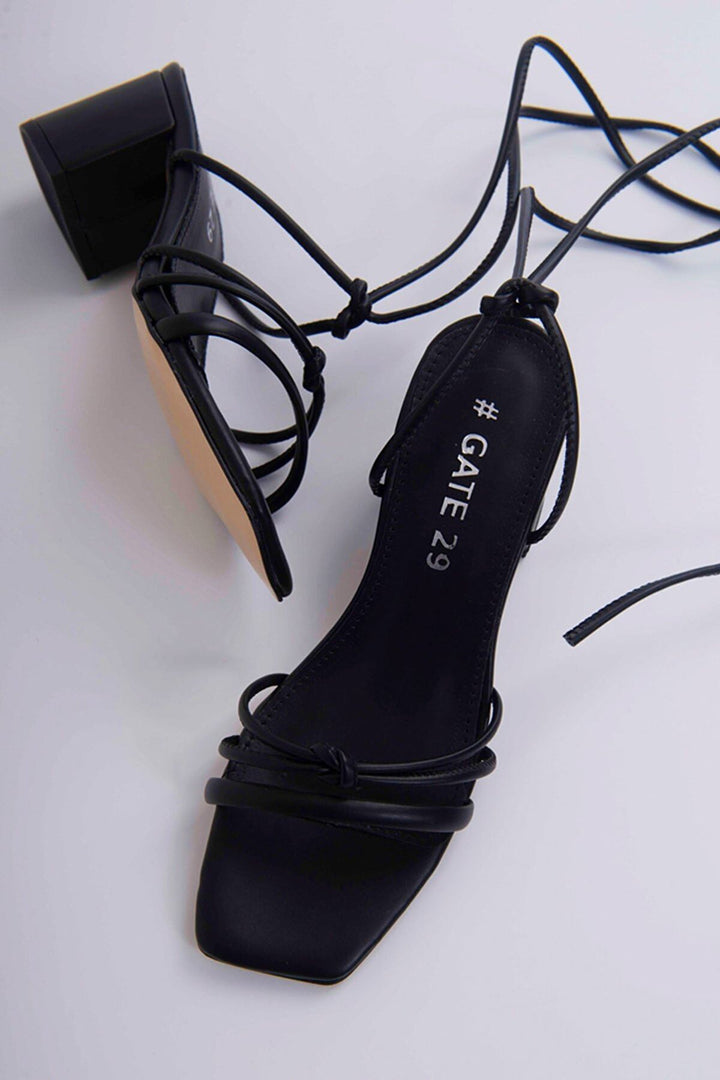 Wavelys Sandales à talons confortables à lacets amovibles | Ella Gate Shoes - Noir