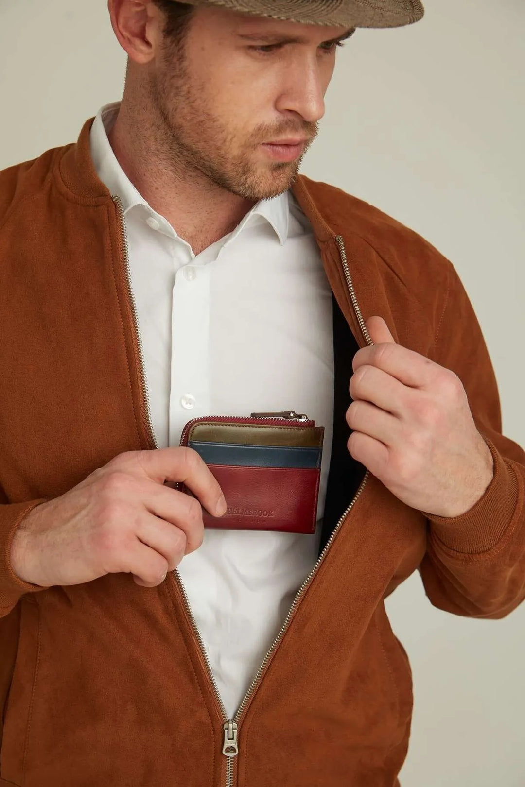 Helmbrook Porte-cartes zippé en cuir véritable pour homme avec protection RFID Seward Burgundy Plus