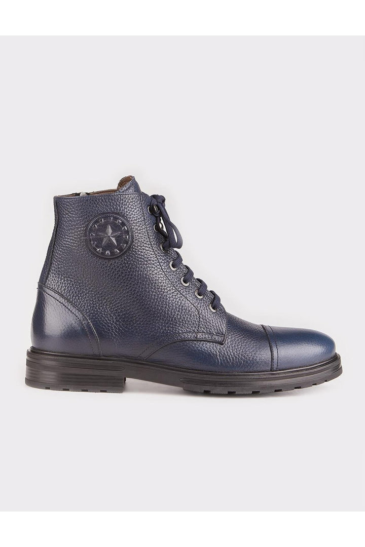 Cabani Shoes Bottines pour hommes en cuir véritable bleu marine à lacets et fermeture éclair. - Bleu marine