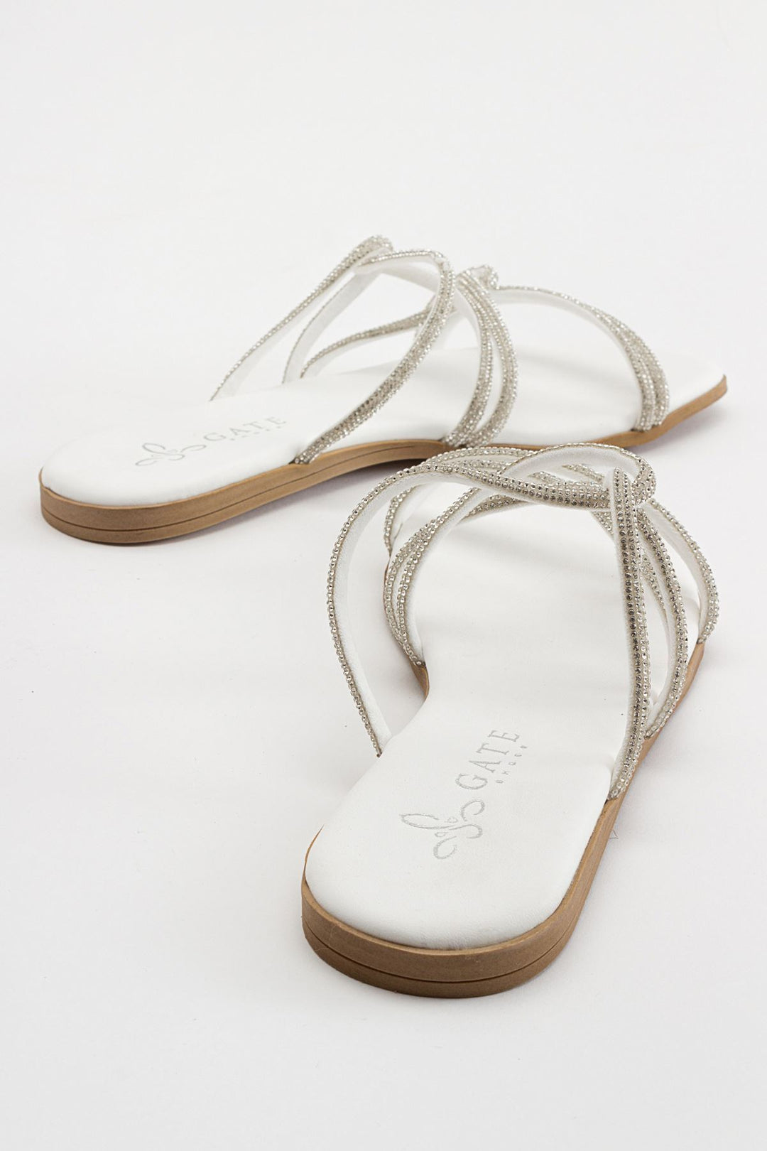Wavelys Sreta Sandale d'été femme à semelle basse avec pierres brillantes - Blanc