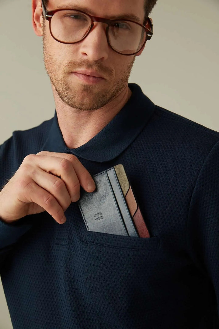 Helmbrook Porte-cartes fin en cuir véritable pour homme avec protection RFID Elton Navy Blue Plus