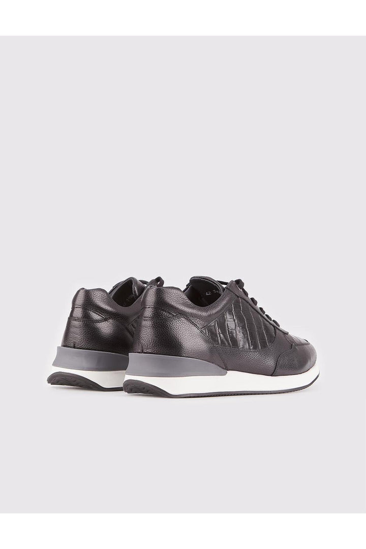 Cabani Shoes Chaussures de sport pour hommes en cuir véritable noir avec lacets imprimées Croco. - Noir