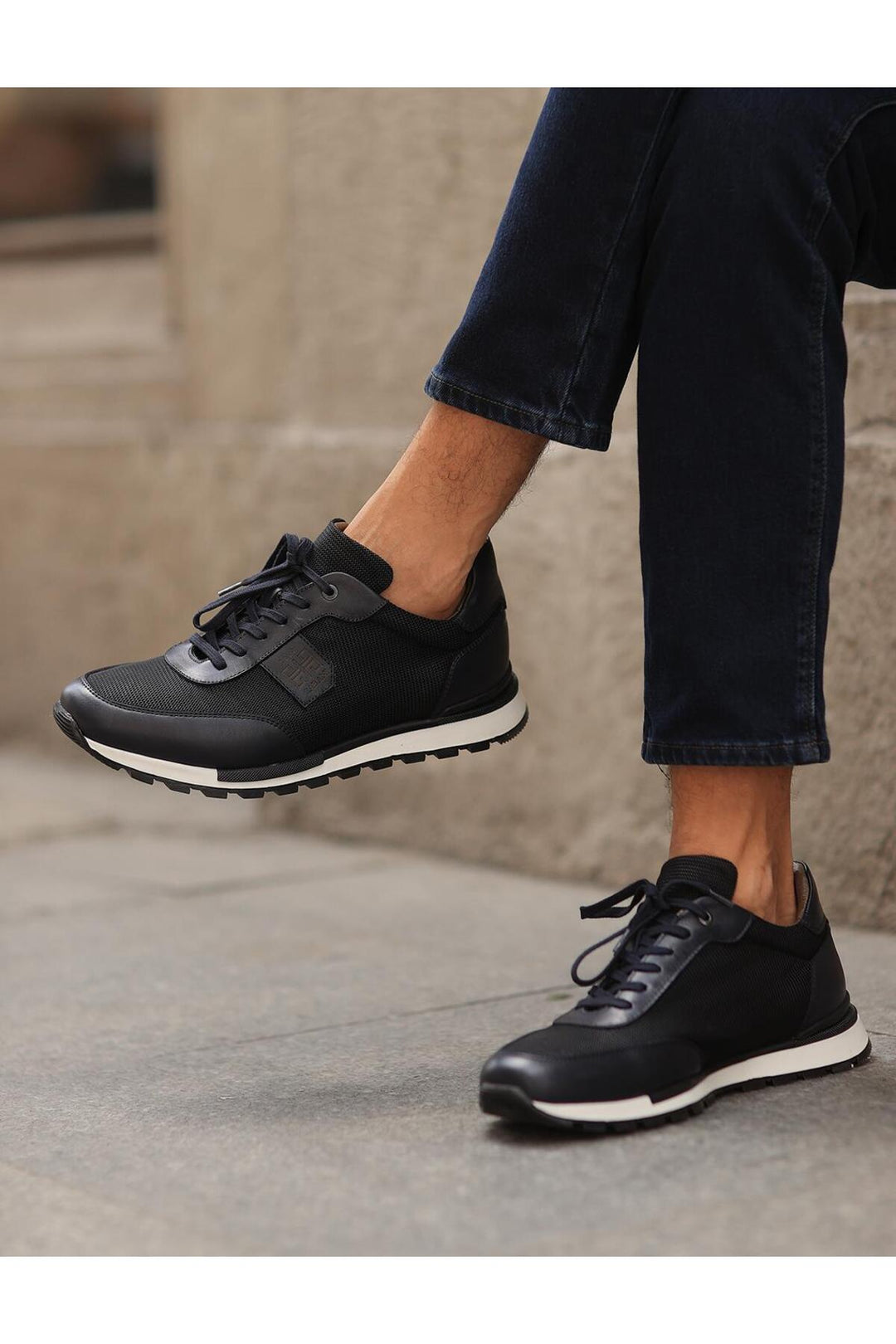 Cabani Shoes Chaussures de sport pour hommes en cuir véritable bleu marine à lacets - Bleu marine
