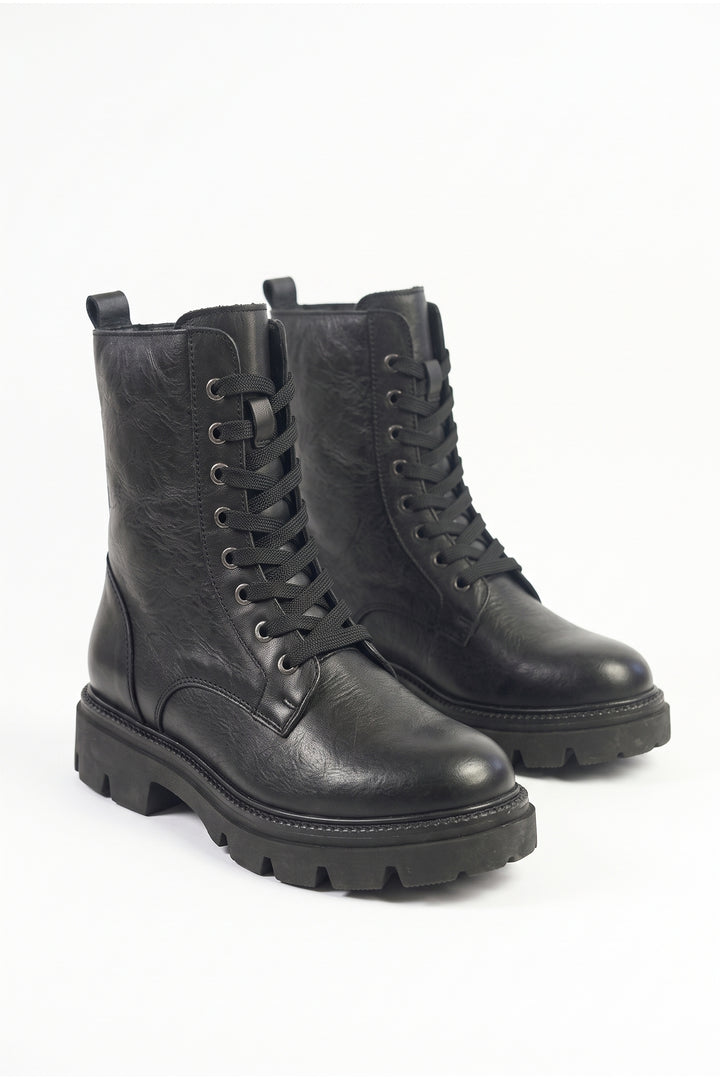 Wavelys ELCHE Bottes à lacets pour femmes en cuir véritable noir élégantes et confortables avec fermeture éclair - Noir
