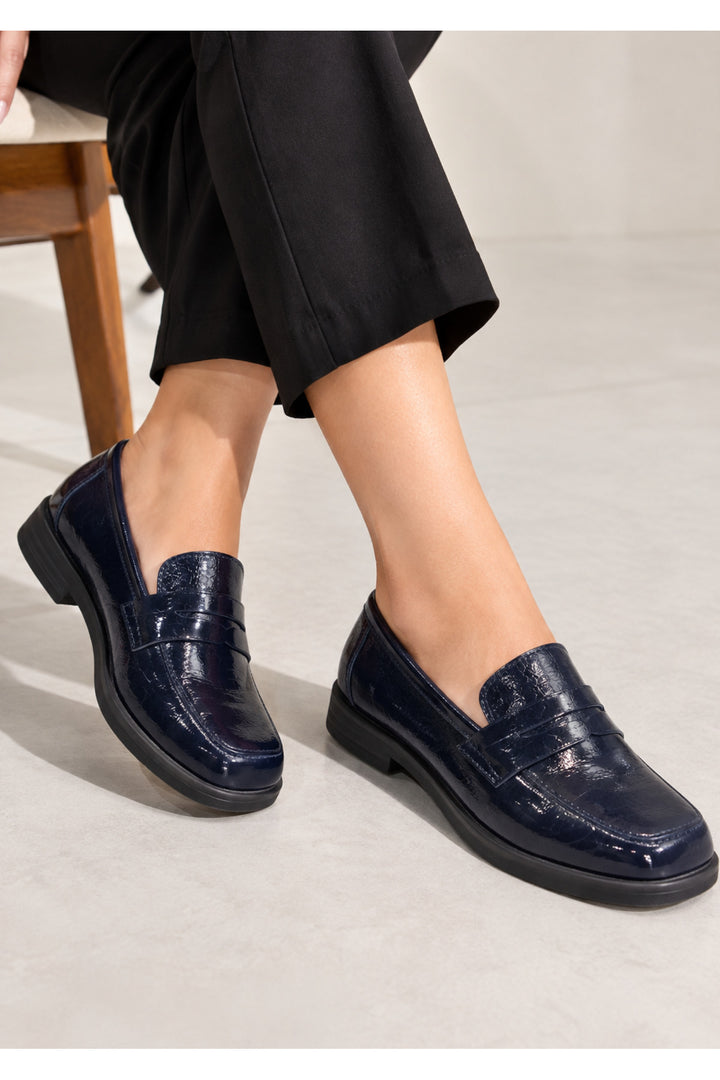 Wavelys ZANTE Bleu marine Cuir verni froissé véritable Élégante Douce Semelle flexible Chaussures pour femmes - Bleu marine