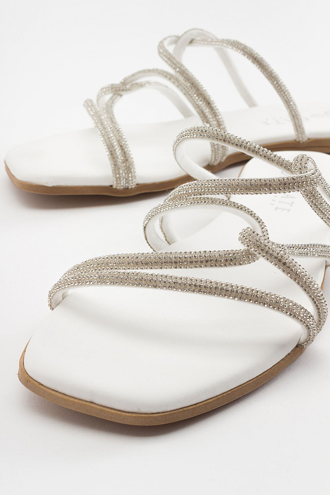 Wavelys Sreta Sandale d'été femme à semelle basse avec pierres brillantes - Blanc