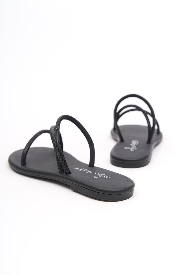Wavelys Areta Sandales Femme à Talon Bas en Pierre Brillante Cristal Gate Shoes - Noir