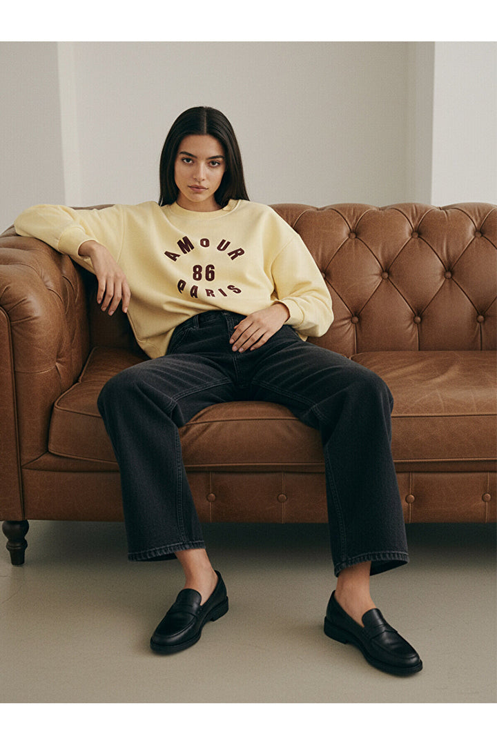 LTB Sweat-shirt crème imprimé à col zéro et manches longues