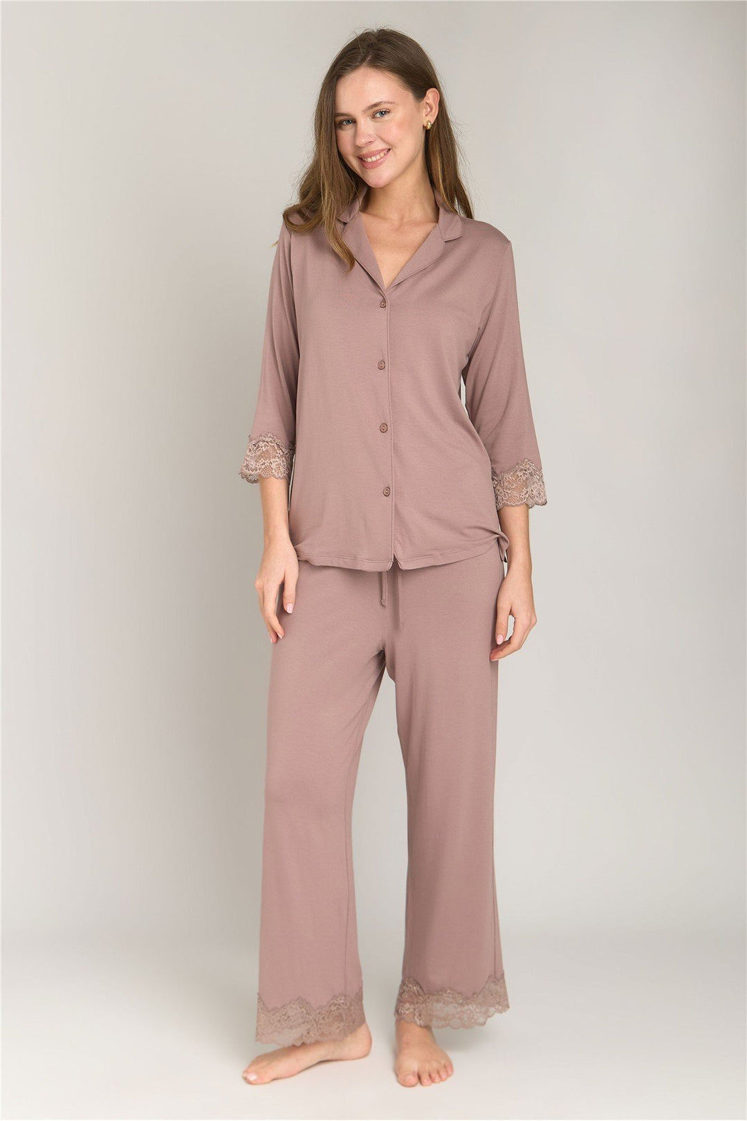Lovely Things SOPHIA Örme 3/4 Kol Gömlek Pantolon Set Pijama Takımı - Kahverengi