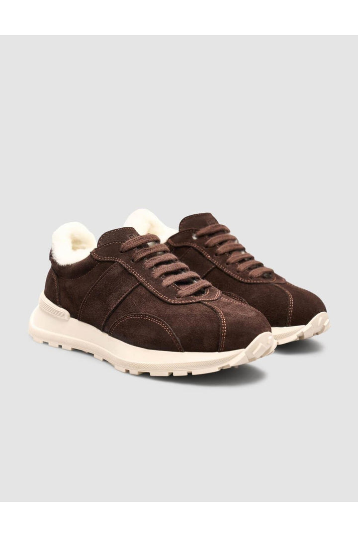 Cabani Shoes Baskets de sport pour femmes en cuir véritable 100% en daim marron avec fourrure. - Marron