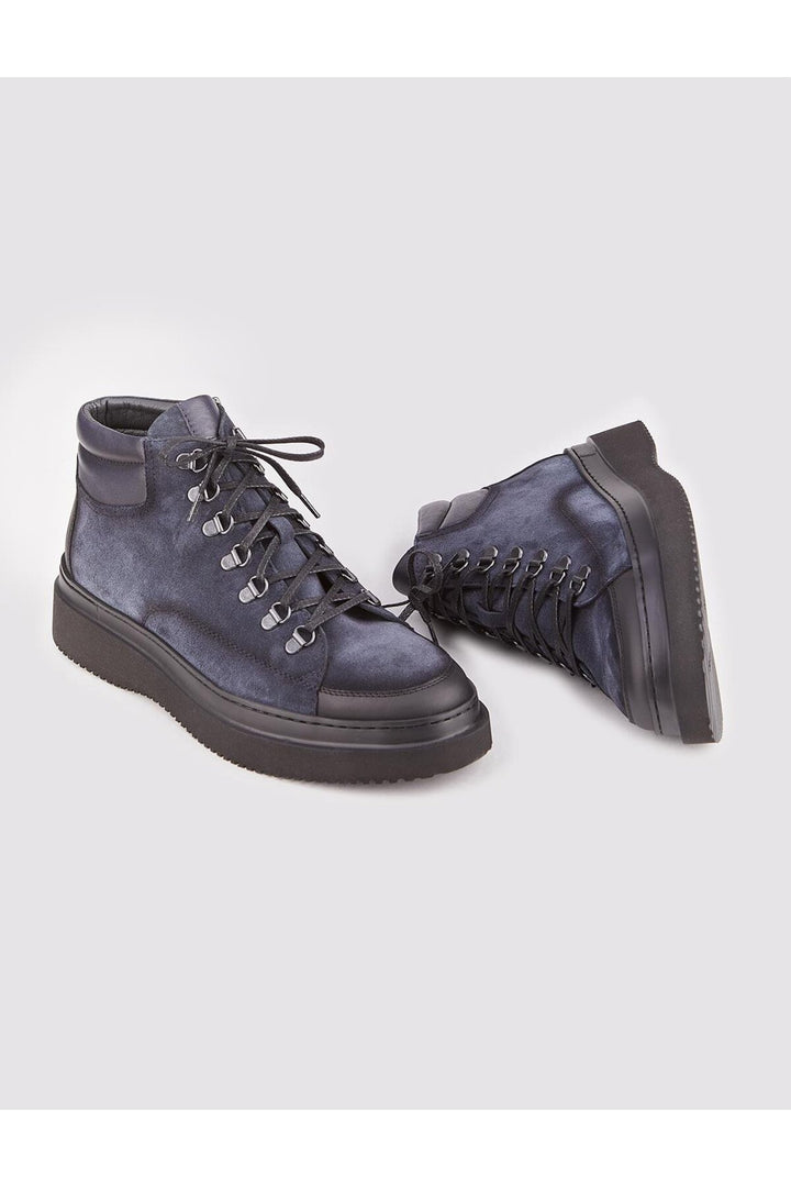 Cabani Shoes Bottines décontractées pour hommes en cuir véritable bleu marine à lacets et fermeture éclair. - Noir