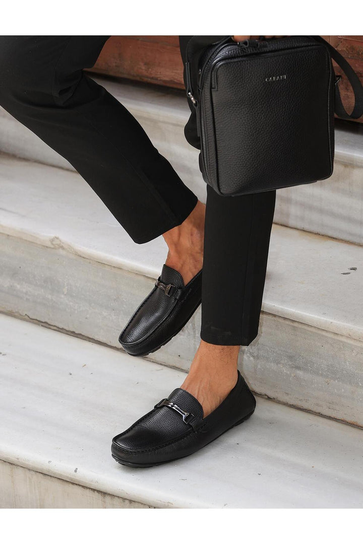 Cabani Shoes Mocassin homme en cuir véritable noir à boucle - Noir