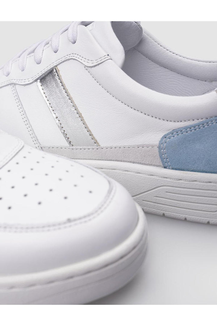 Cabani Shoes Baskets pour femmes en cuir véritable 100 % blanches et bleues avec lacets. - Blanc