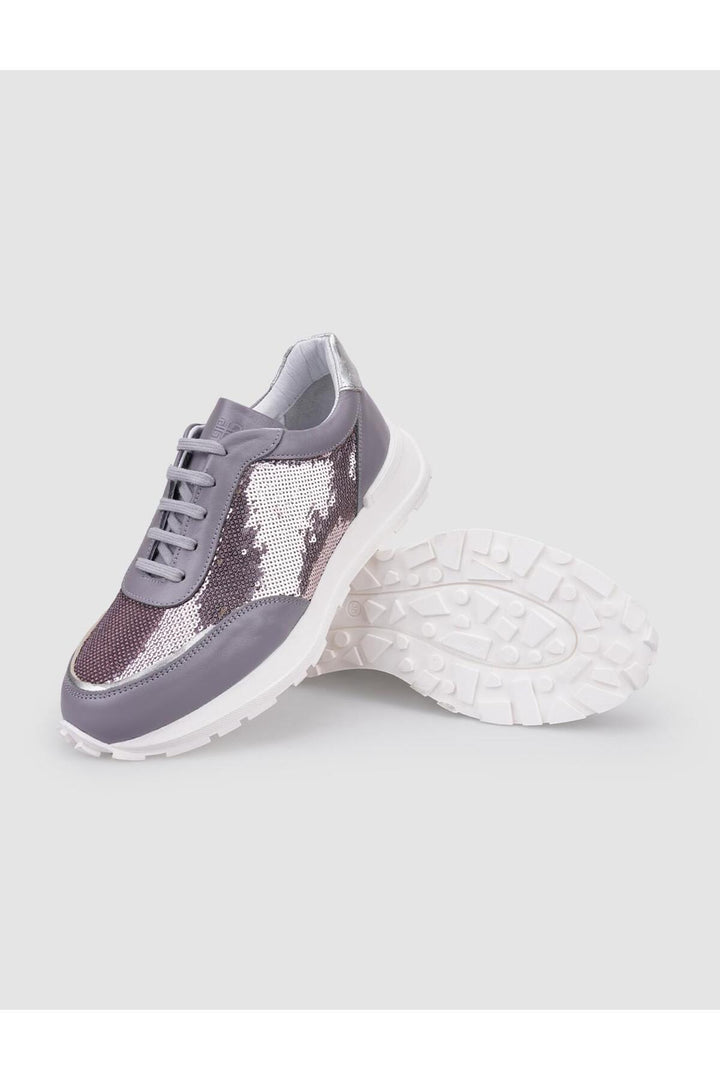 Cabani Shoes Baskets de sport pour femmes en cuir véritable gris avec détails en paillettes à lacets. - Gris