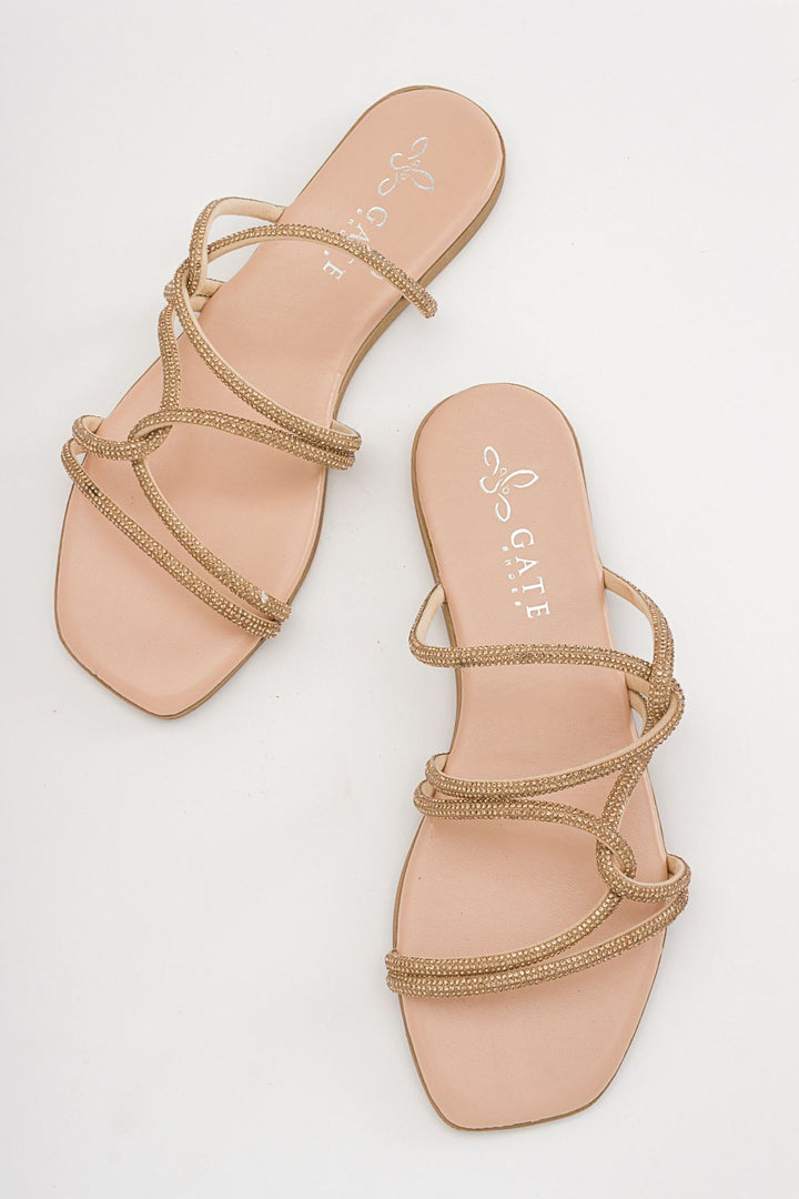 Wavelys Sreta Sandale d'été femme à semelle basse avec pierres brillantes - Rose