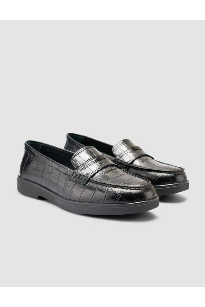 Cabani Shoes %100 Cuir Véritable Noir Motif Croco Mocassins Femme - Noir