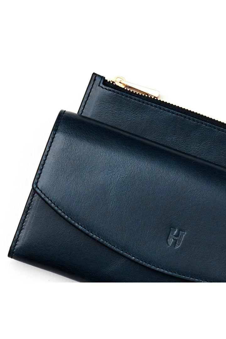 helmbrook Porte-cartes à compartiments multiples en cuir pour femmes Ashley Portefeuille RFID avec fermeture à glissière protégée Bleu marine