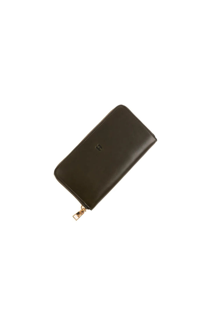 helmbrook Femme Cuir Véritable Grand Portefeuille Fermeture Éclair RFID Protégé Amelia Kaki Café