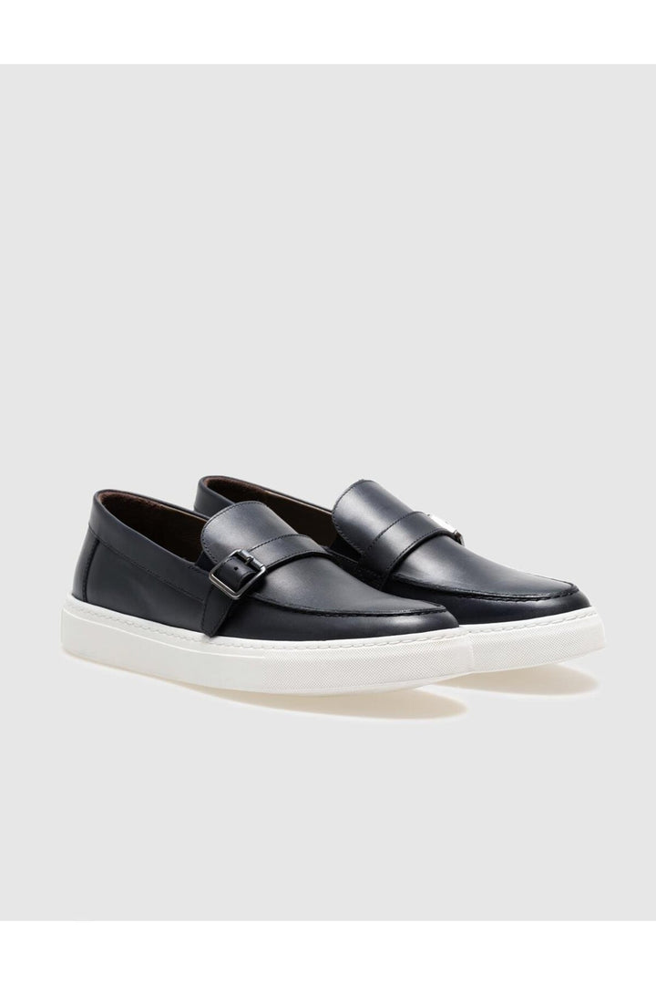 Cabani Shoes Chaussures de ville pour hommes en cuir véritable avec boucle bleu marine. - Bleu marine
