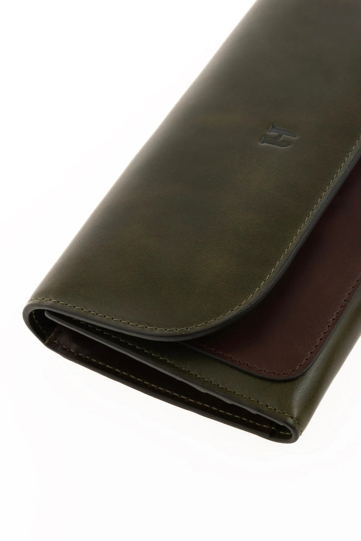 Helmbrook Femme Cuir véritable Grand Portefeuille Fermoir à bouton-pression Protégé par RFID Charlotte Kaki Café
