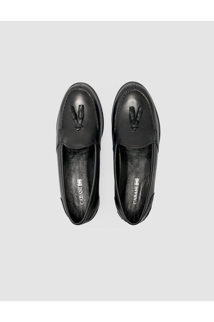 Cabani Shoes Loafer femme en cuir véritable noir avec franges à 100%. - Noir