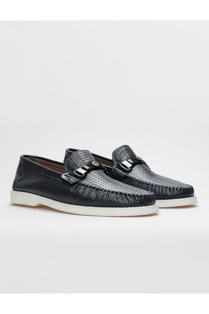 Cabani Shoes Mocassin pour homme en cuir véritable bleu marine avec détails laser. - Bleu marine
