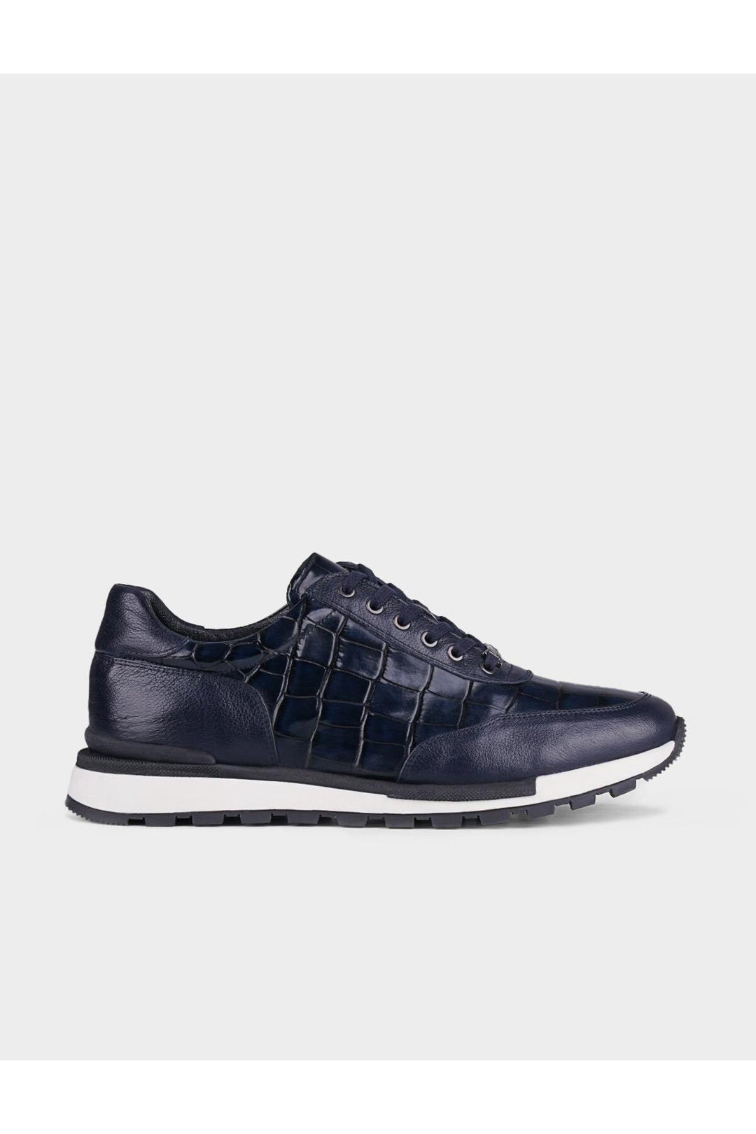 Cabani Shoes Chaussures de sport pour hommes en cuir véritable bleu marine avec imprimé crocodile et lacets. - Bleu marine
