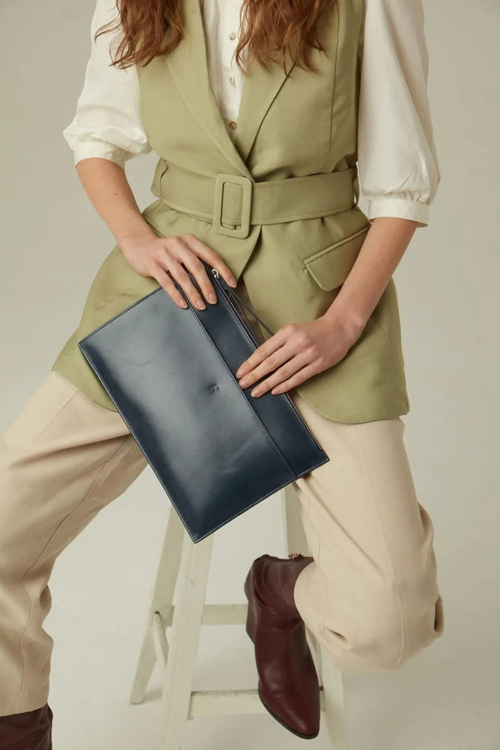 helmbrook Sac pour femme en cuir bleu marine avec fermeture éclair Rfid Shielded Portfolio de Beverly avec poche