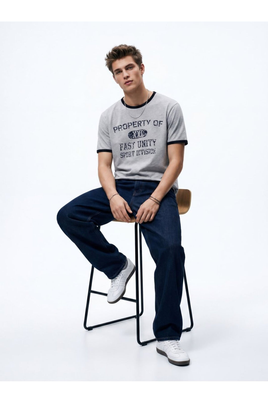 LTB T-shirt gris à détails biais imprimé varsity coupe relax - Gris