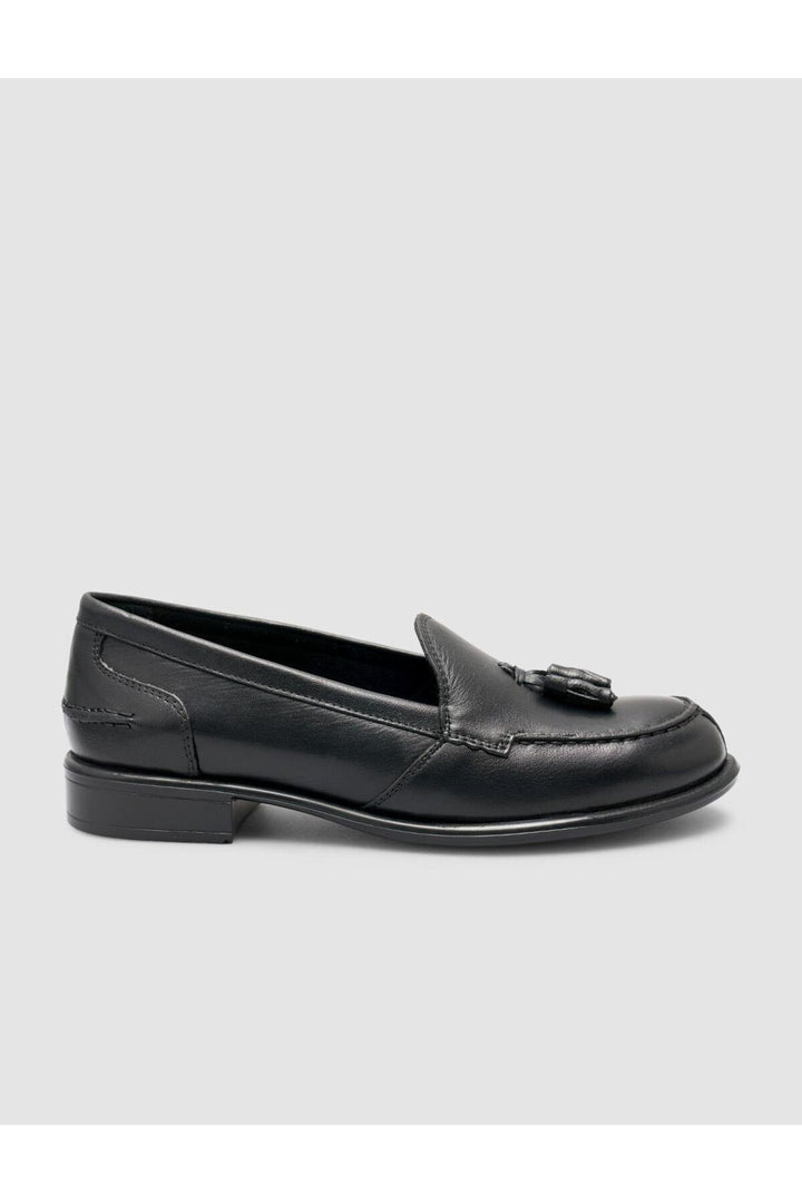 Cabani Shoes Loafer femme en cuir véritable noir avec franges à 100%. - Noir