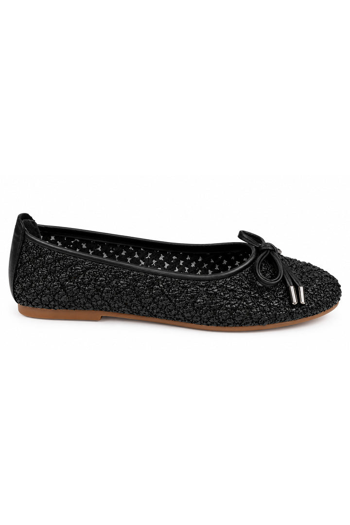 Wavelys Ballerines à lacets noires à embouts métalliques texturés pour femmes - Noir