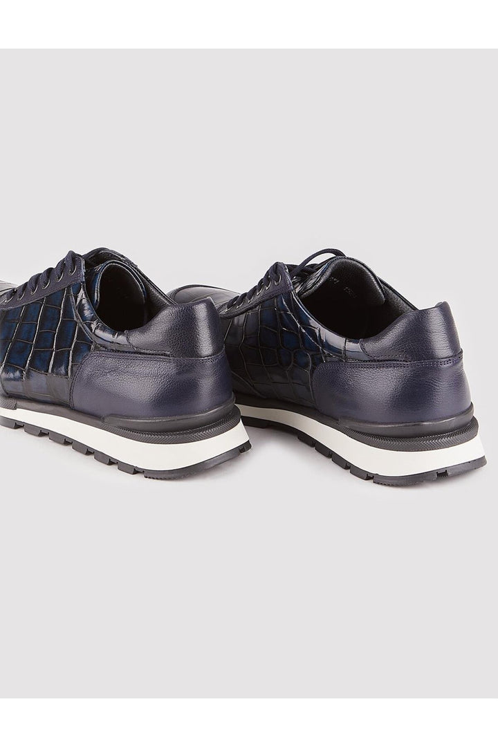 Cabani Shoes Chaussures de sport pour hommes en cuir véritable bleu marine à lacets imprimés - Bleu marine