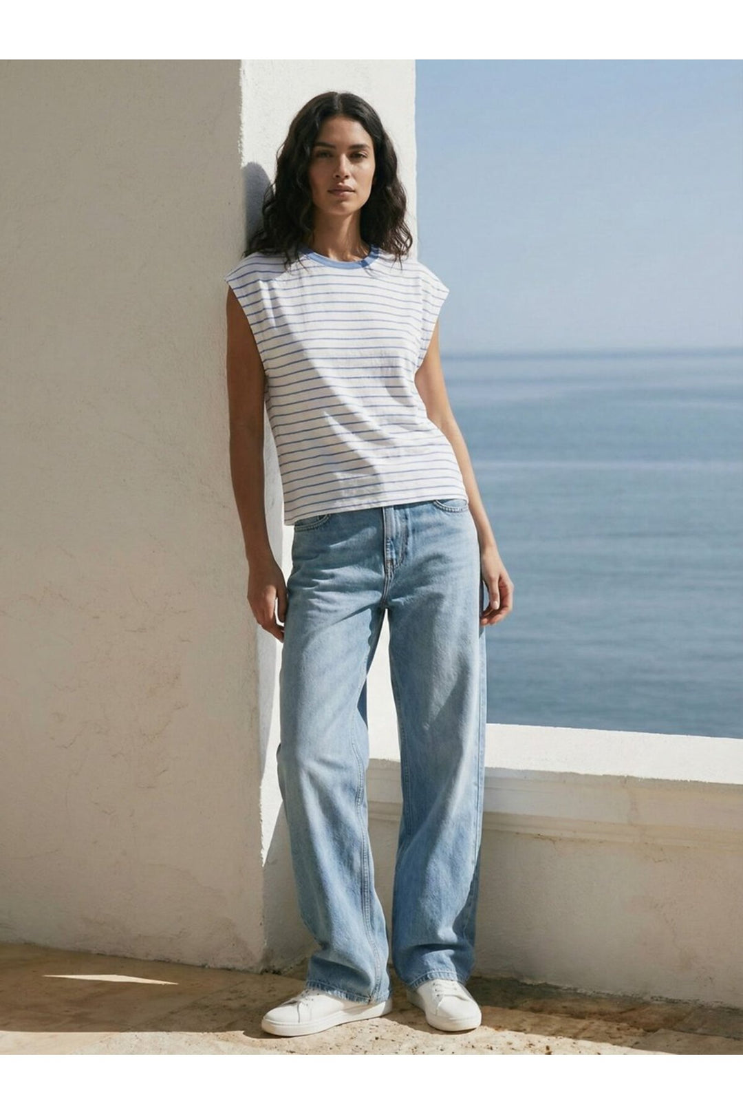 LTB T-shirt blanc à rayures avec détails de manches en simili col. - Blanc