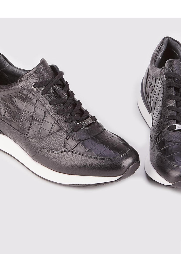 Cabani Shoes Chaussures de sport pour hommes en cuir véritable noir avec lacets imprimées Croco. - Noir