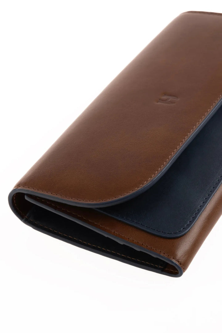 Helmbrook Grand Portefeuille en Cuir Véritable pour Femme Fermeture Éclair Protégée par RFID Charlotte Tan Bleu Marine