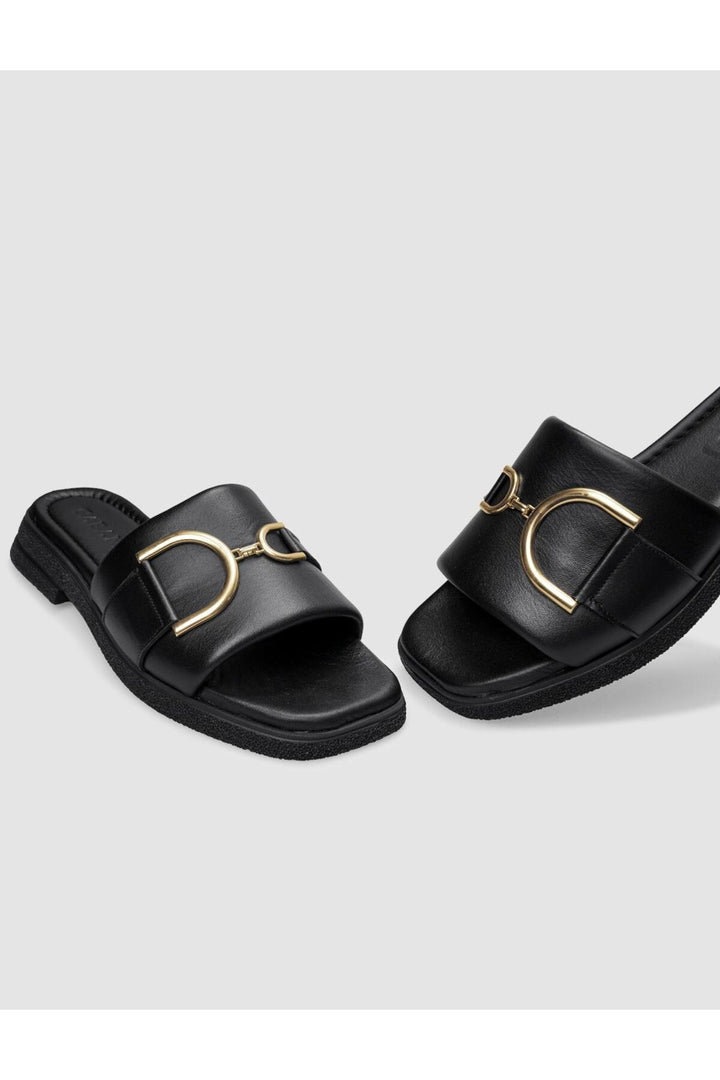 Cabani Shoes Sandales pour femmes en cuir véritable noir avec détail de boucle. - Multicolore